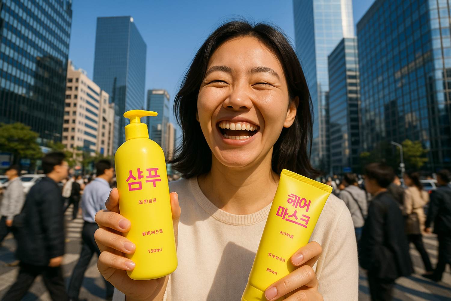 배경은 낮으로 샴푸통은 레몬색바탕에 핑크로 샴푸, 헤어마스크, 라 써줘 주인공언니는 더 크게 웃고